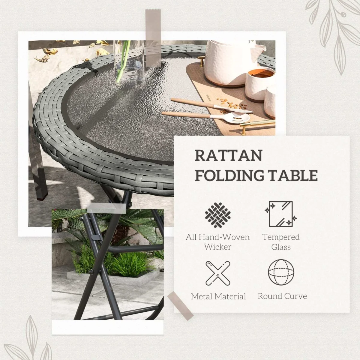 Doco 68cm Rattan Grey Folding Round Outdoor Coffee Table With Ripple Effect Glass Top – image 5