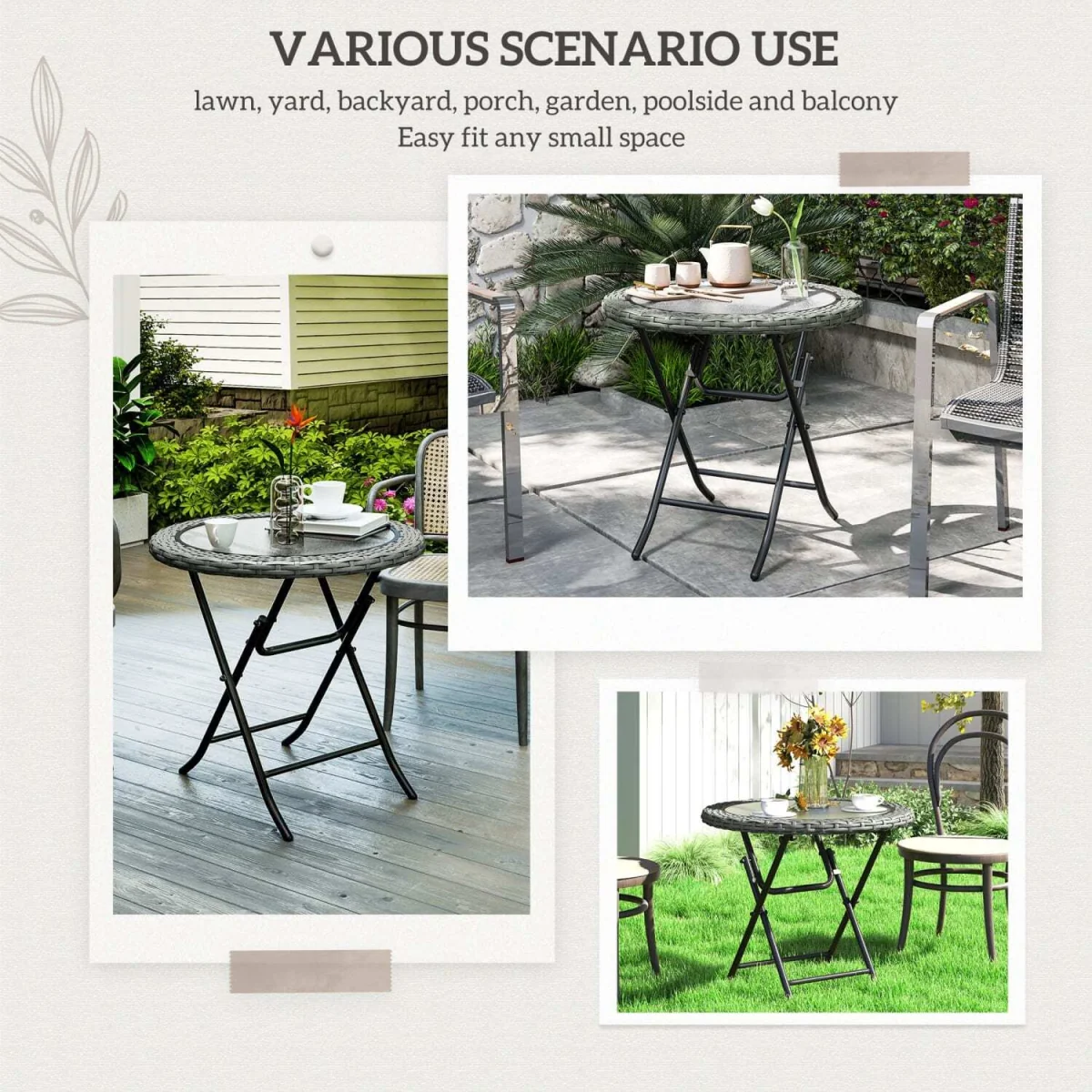 Doco 68cm Rattan Grey Folding Round Outdoor Coffee Table With Ripple Effect Glass Top – image 7