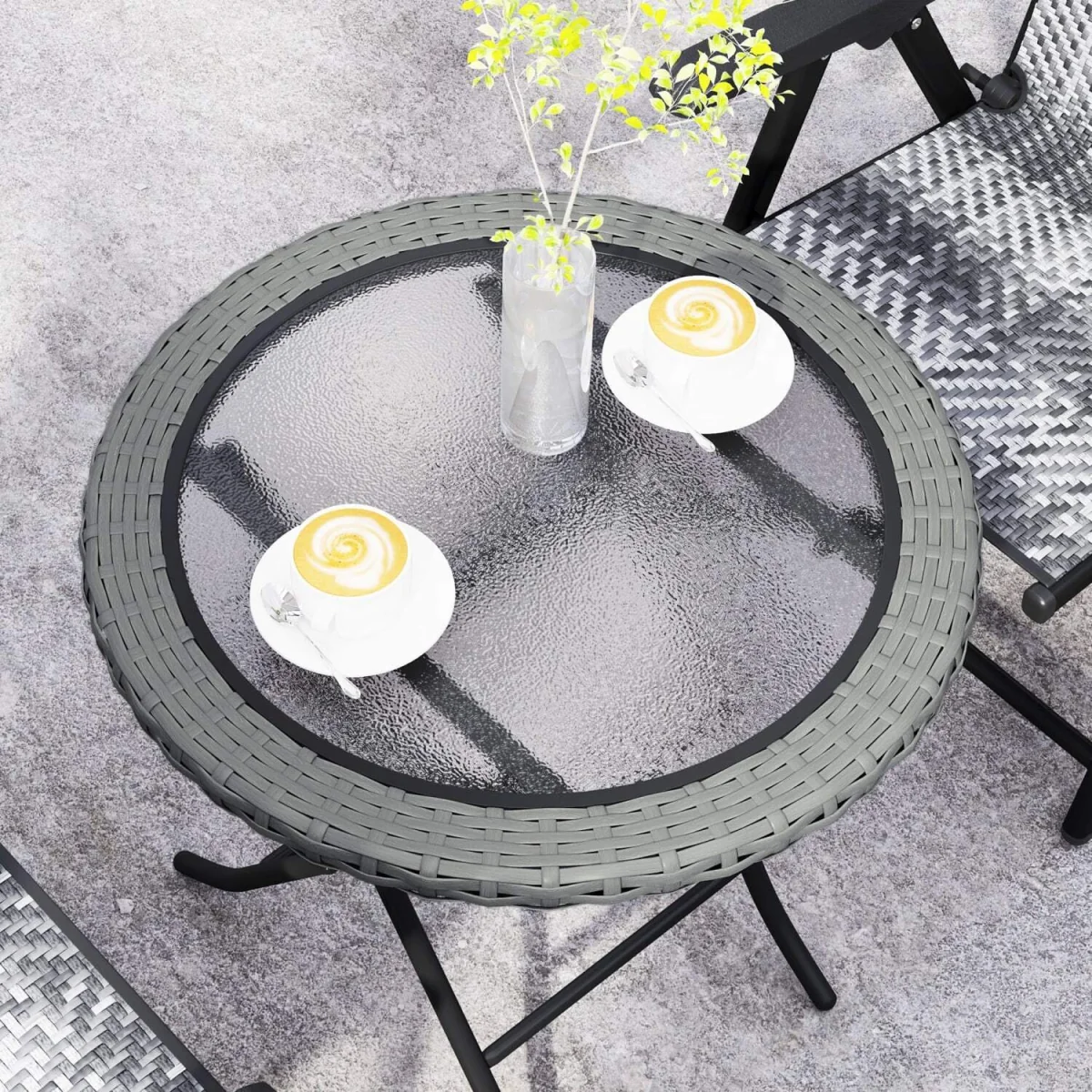 Doco 68cm Rattan Grey Folding Round Outdoor Coffee Table With Ripple Effect Glass Top – image 9