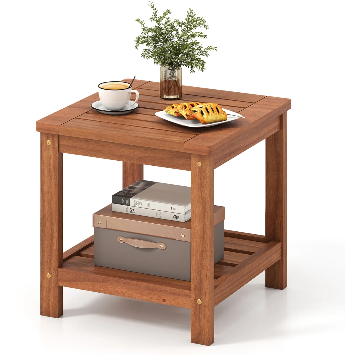 2-Tier Slatted Outdoor Side Table - Brown – image 2