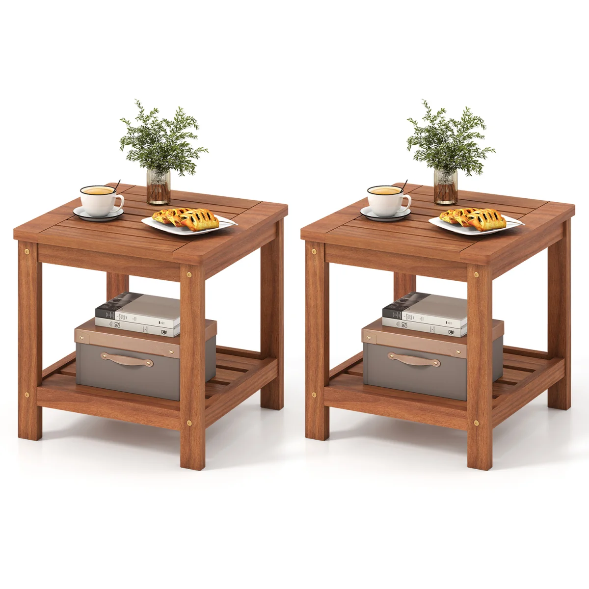 2-Tier Slatted Outdoor Side Table - Brown – image 11