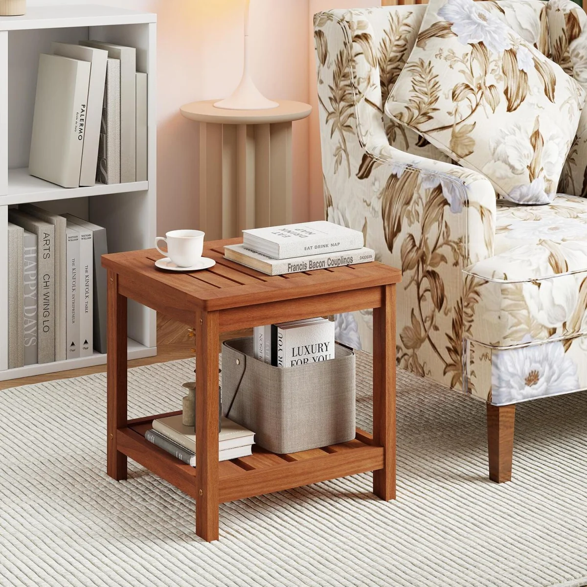 2-Tier Slatted Outdoor Side Table - Brown – image 10