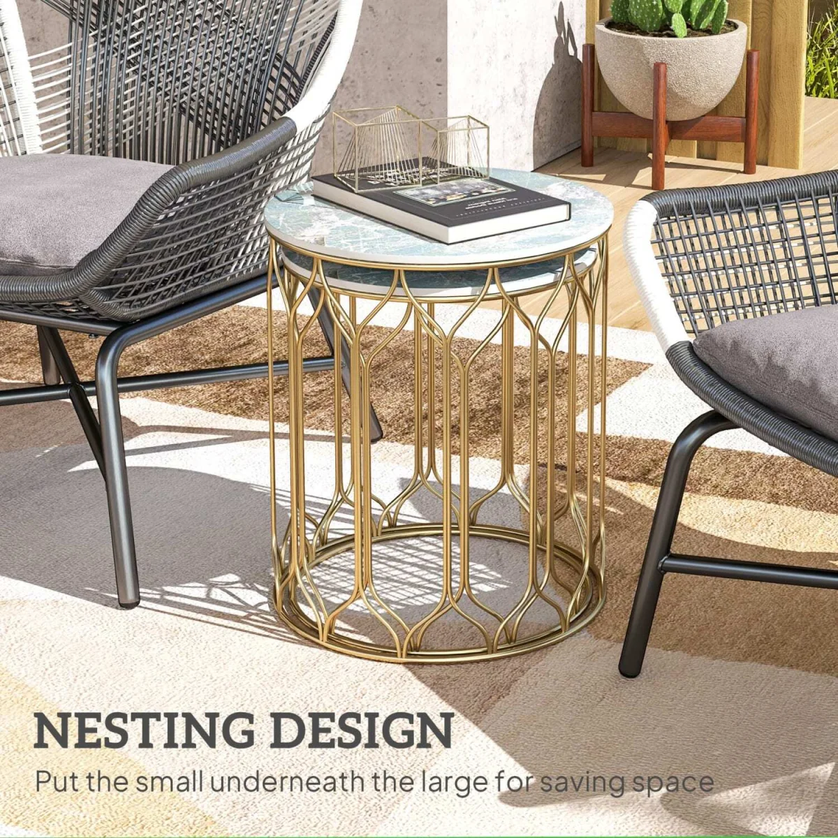 Loba Set of 2 Marble-Effect Round Nesting Outdoor Coffee Tables with Ceramic Tile Tops – image 4