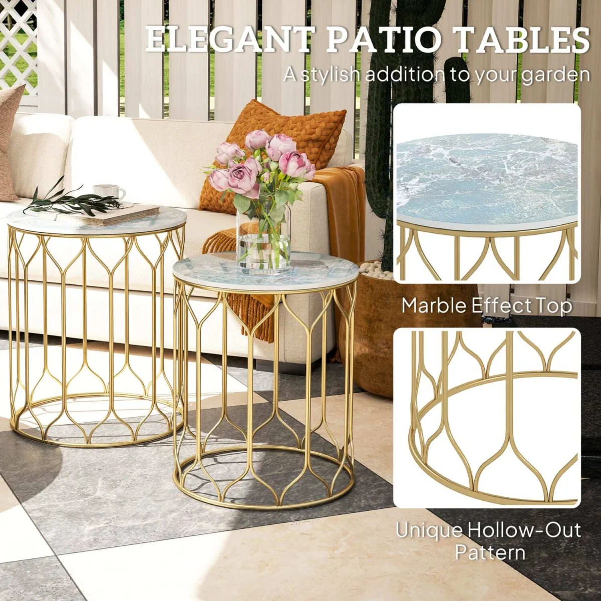 Loba Set of 2 Marble-Effect Round Nesting Outdoor Coffee Tables with Ceramic Tile Tops – image 5