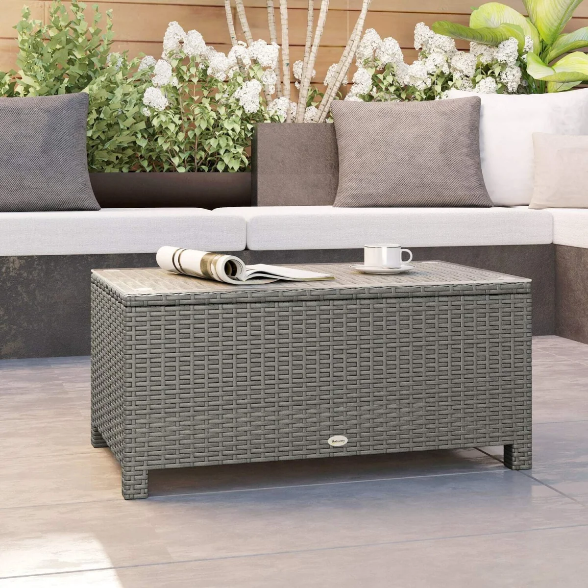 Viluno Pafi Rattan Light Grey Outdoor Coffee Table With Glass Top – image 2
