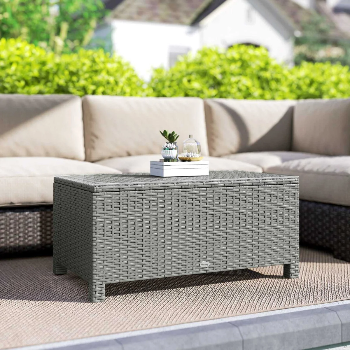 Viluno Pafi Rattan Light Grey Outdoor Coffee Table With Glass Top – image 4