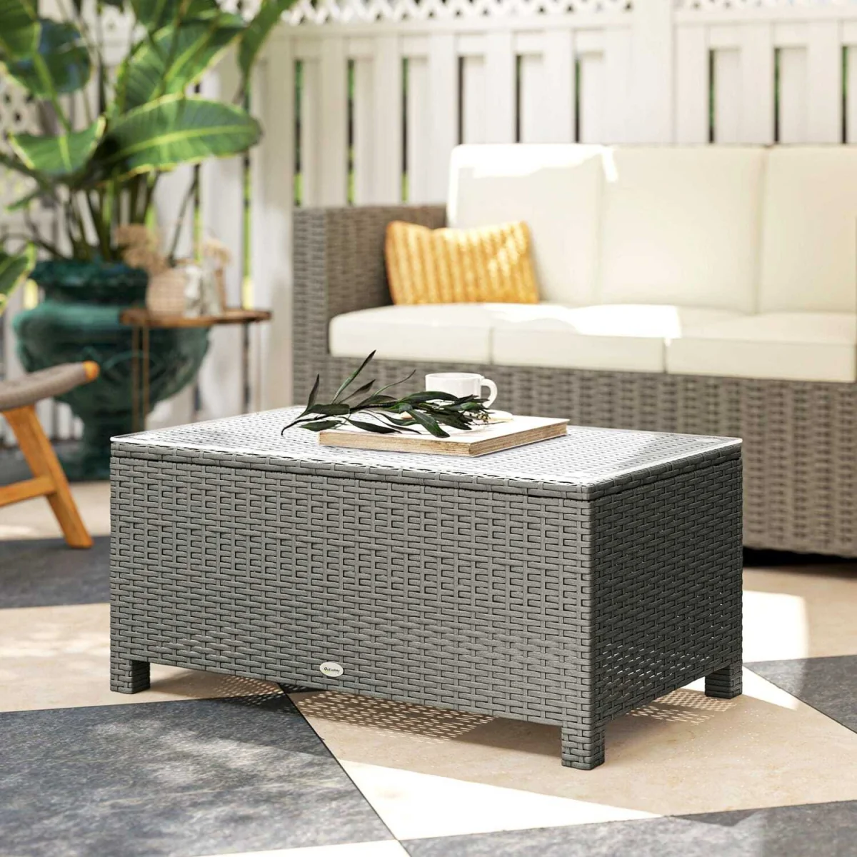 Viluno Pafi Rattan Light Grey Outdoor Coffee Table With Glass Top – image 9