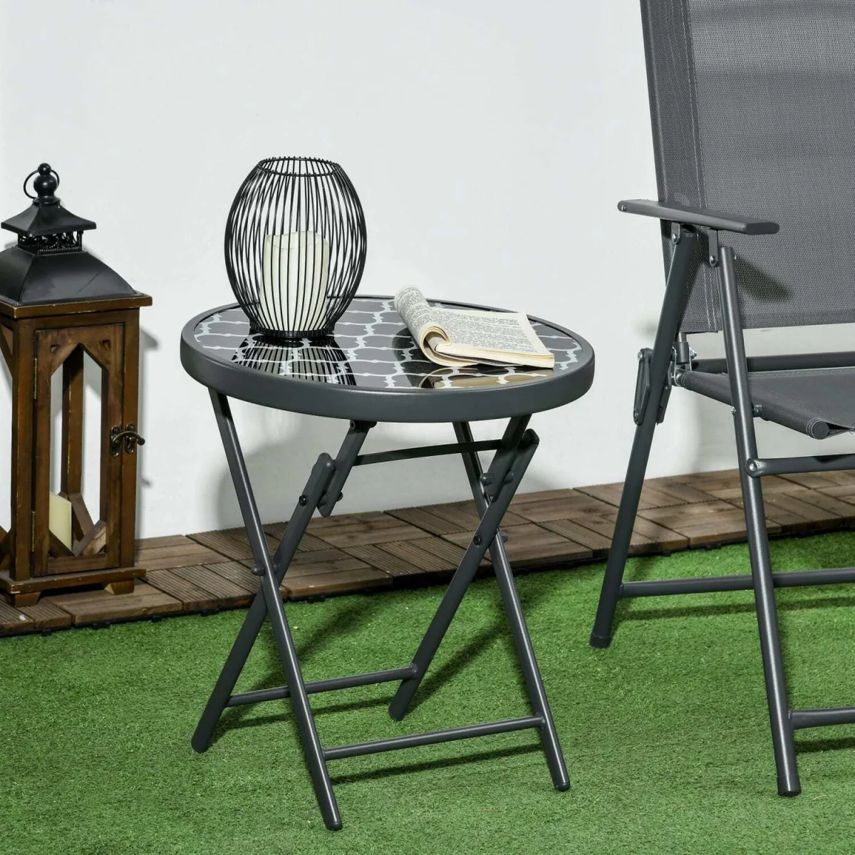 Mikale 45cm Folding Outdoor Side Table - Black and White Marble-Effect Top – image 4