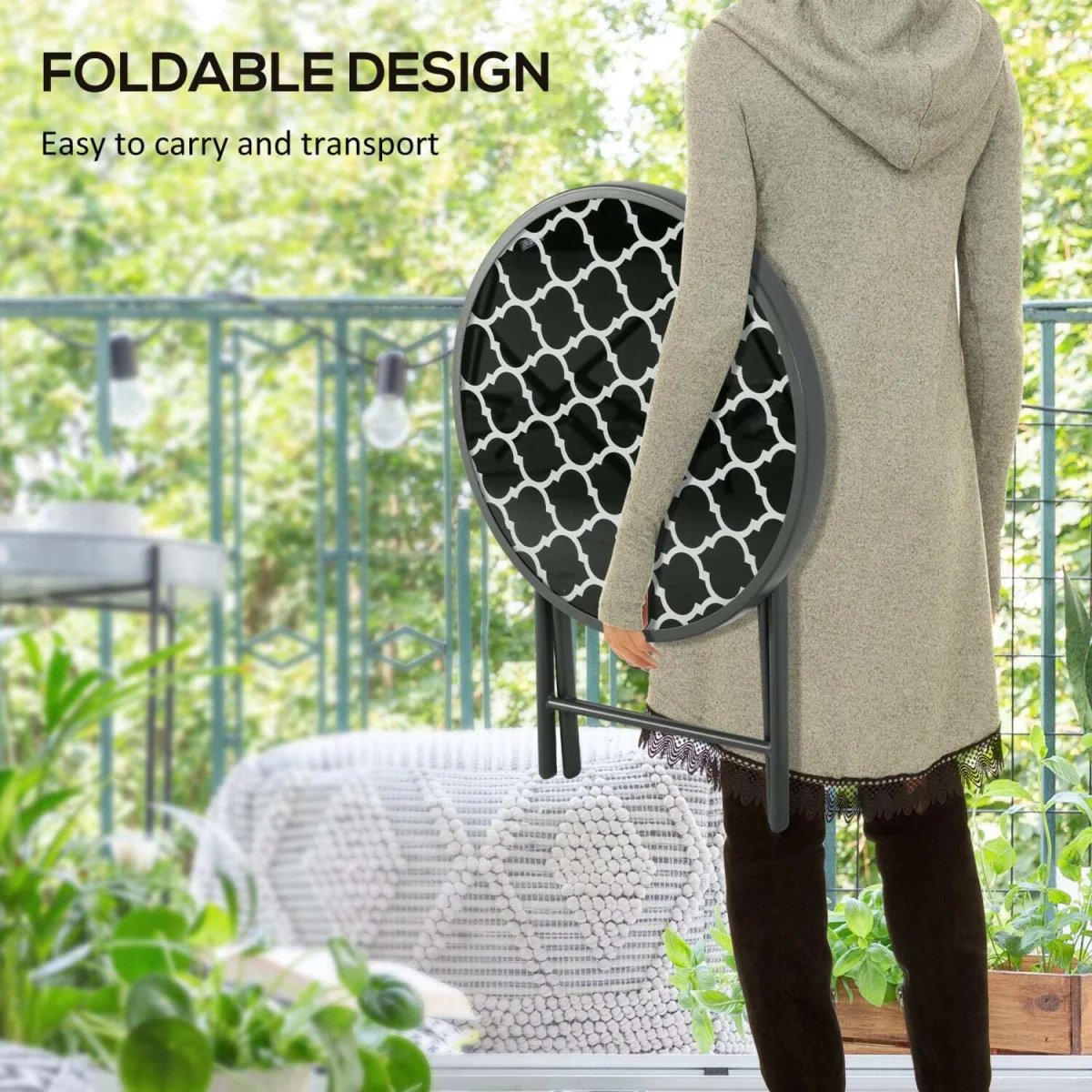 Mikale 45cm Folding Outdoor Side Table - Black and White Marble-Effect Top – image 5