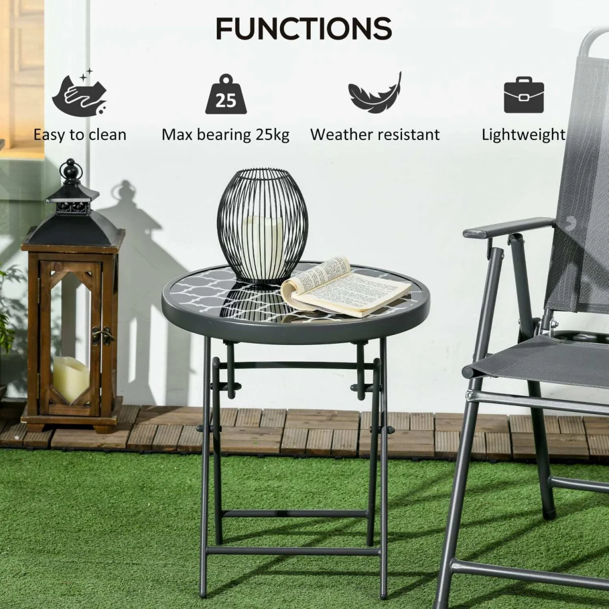 Mikale 45cm Folding Outdoor Side Table - Black and White Marble-Effect Top – image 6