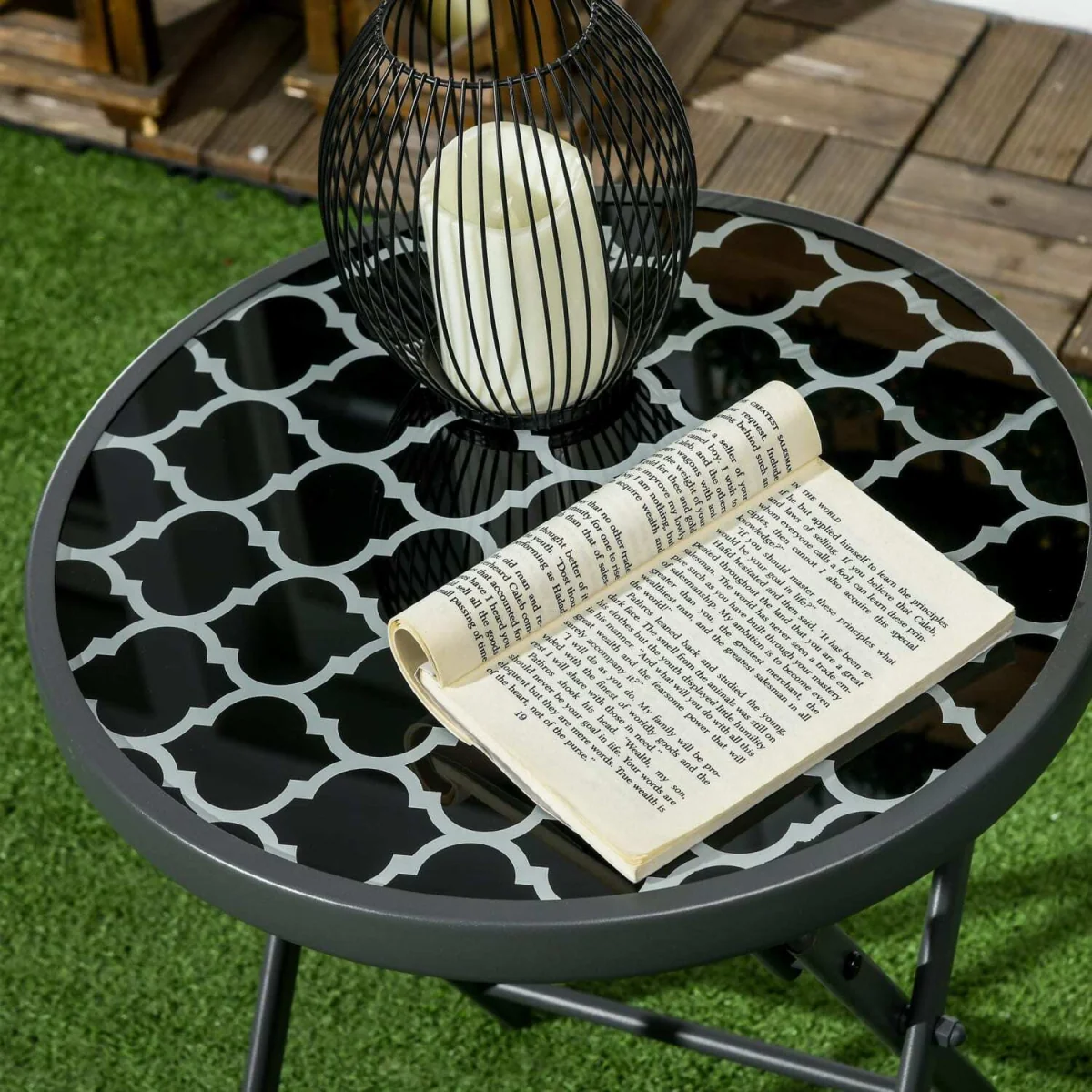Mikale 45cm Folding Outdoor Side Table - Black and White Marble-Effect Top – image 9