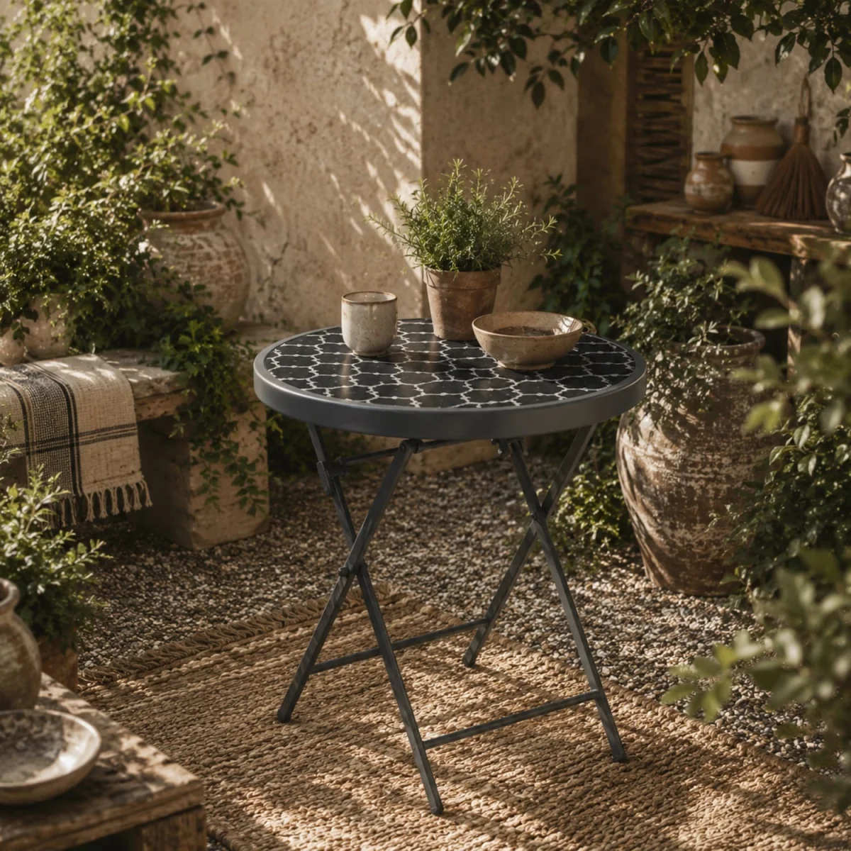 Mikale 45cm Folding Outdoor Side Table - Black and White Marble-Effect Top – image 1
