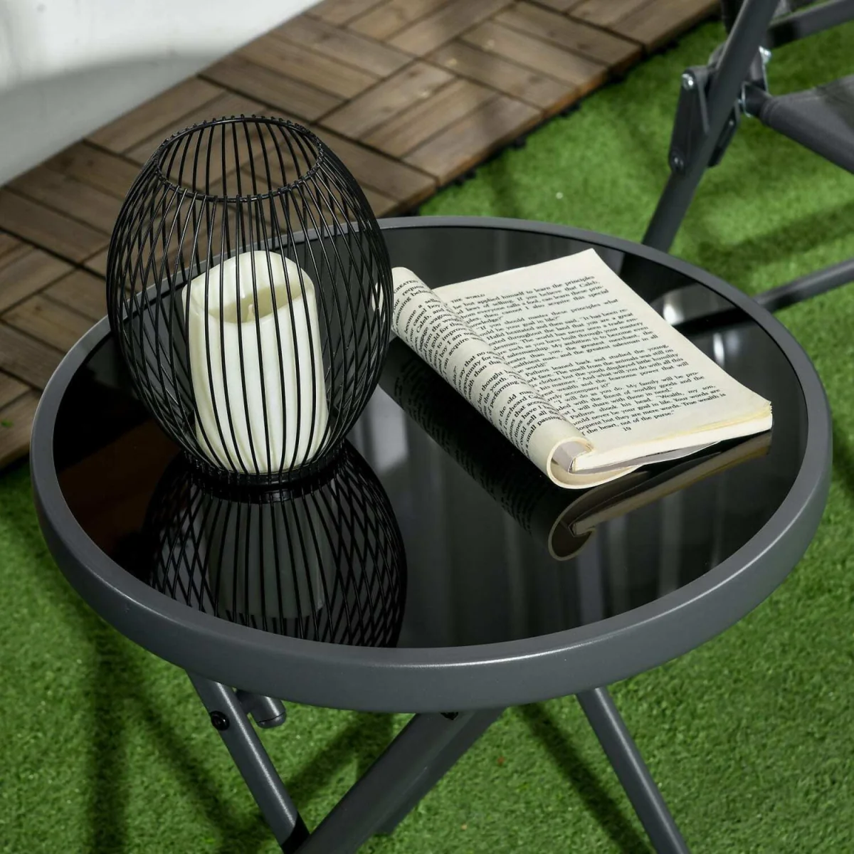 Laparo Metal And Glass Black Folding Outdoor Side Table 45cm With Marble Effect Top – image 2