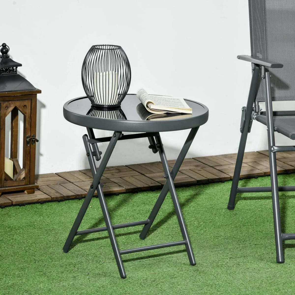 Laparo Metal And Glass Black Folding Outdoor Side Table 45cm With Marble Effect Top – image 5