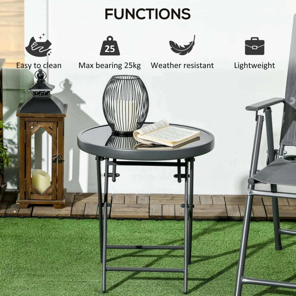 Laparo Metal And Glass Black Folding Outdoor Side Table 45cm With Marble Effect Top – image 8