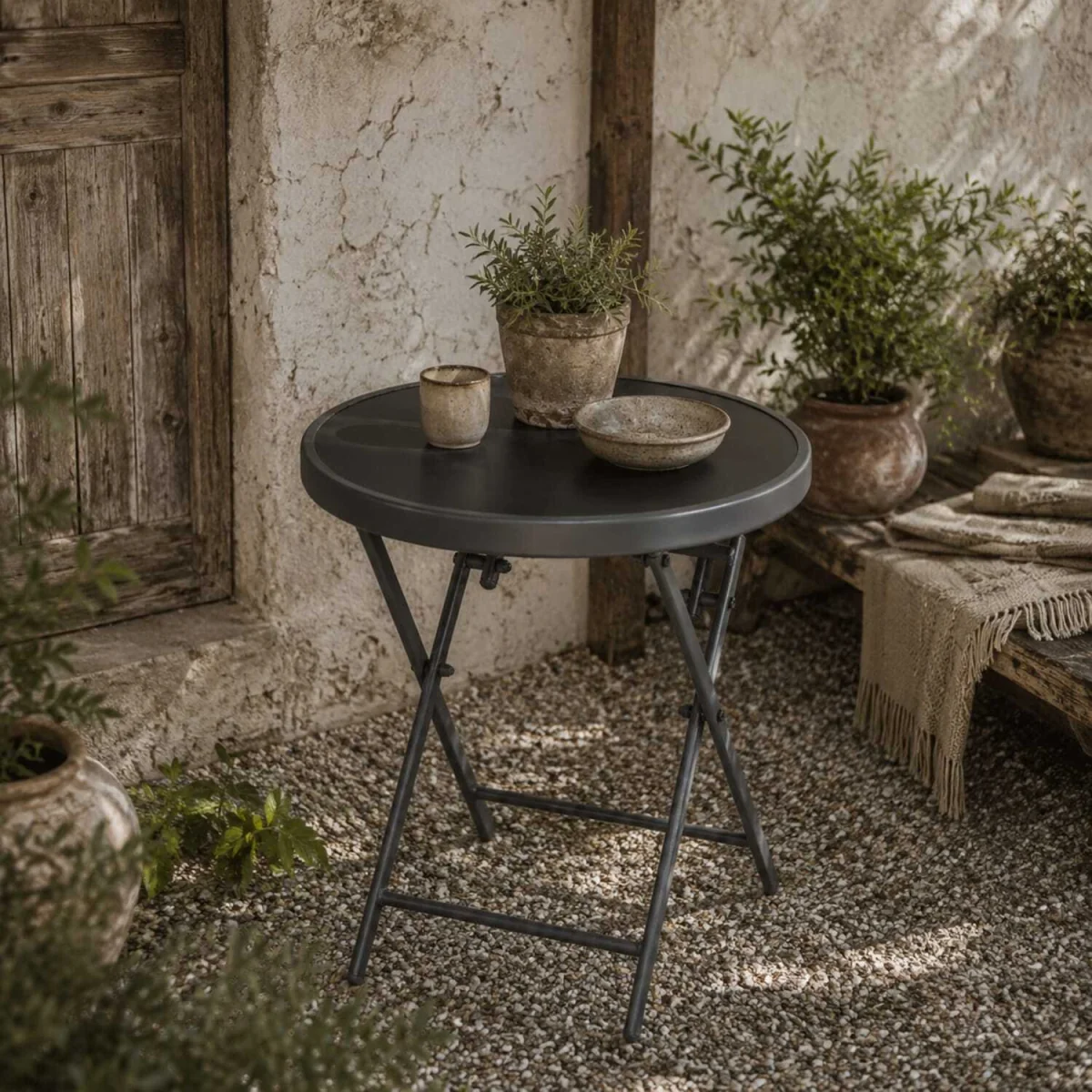 Laparo Metal And Glass Black Folding Outdoor Side Table 45cm With Marble Effect Top – image 1