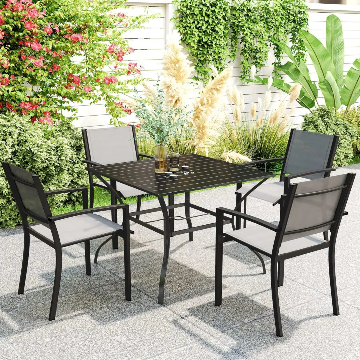 Hareni Steel Black Outdoor Garden Table - Slatted Top with Parasol Hole – image 3