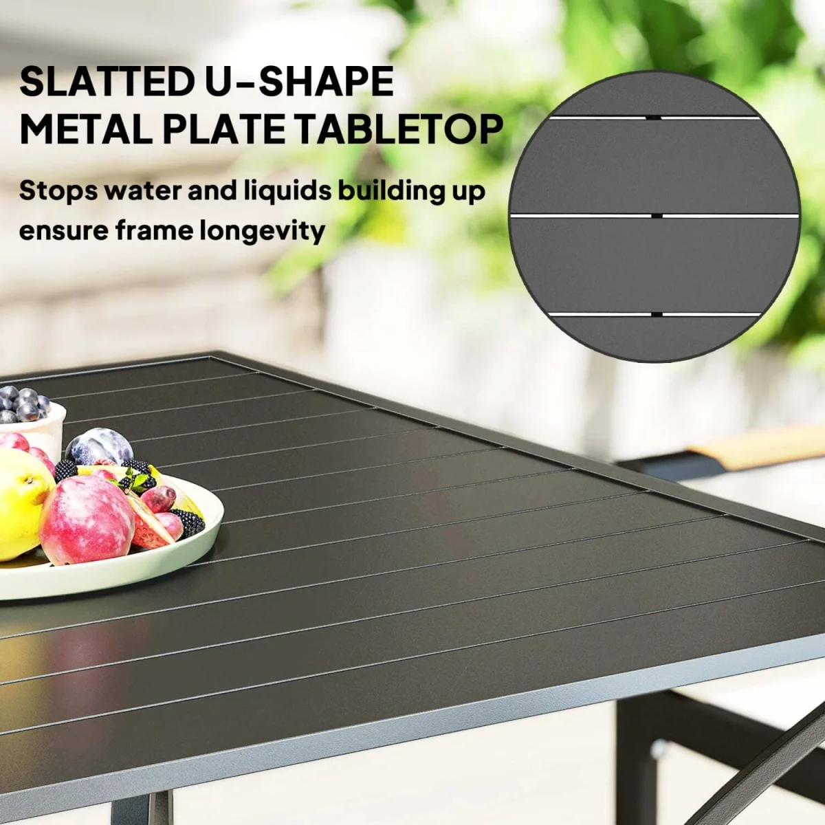 Hareni Steel Black Outdoor Garden Table - Slatted Top with Parasol Hole – image 6