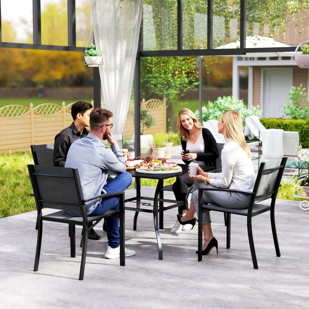 Hareni Steel Black Outdoor Garden Table - Slatted Top with Parasol Hole – image 8