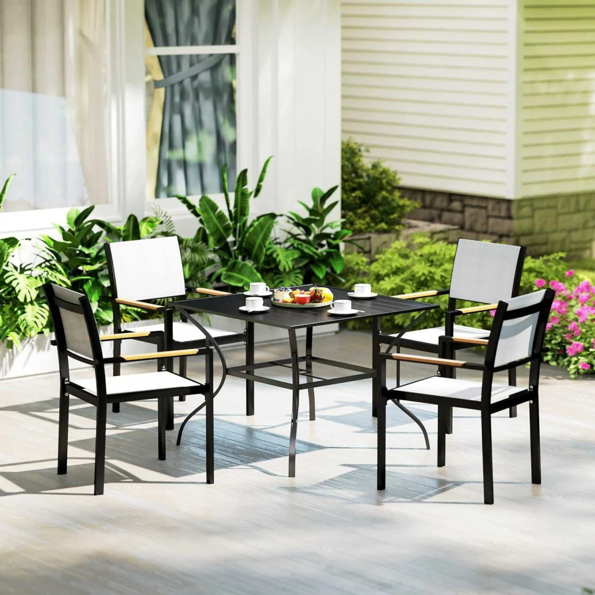 Hareni Steel Black Outdoor Garden Table - Slatted Top with Parasol Hole – image 10