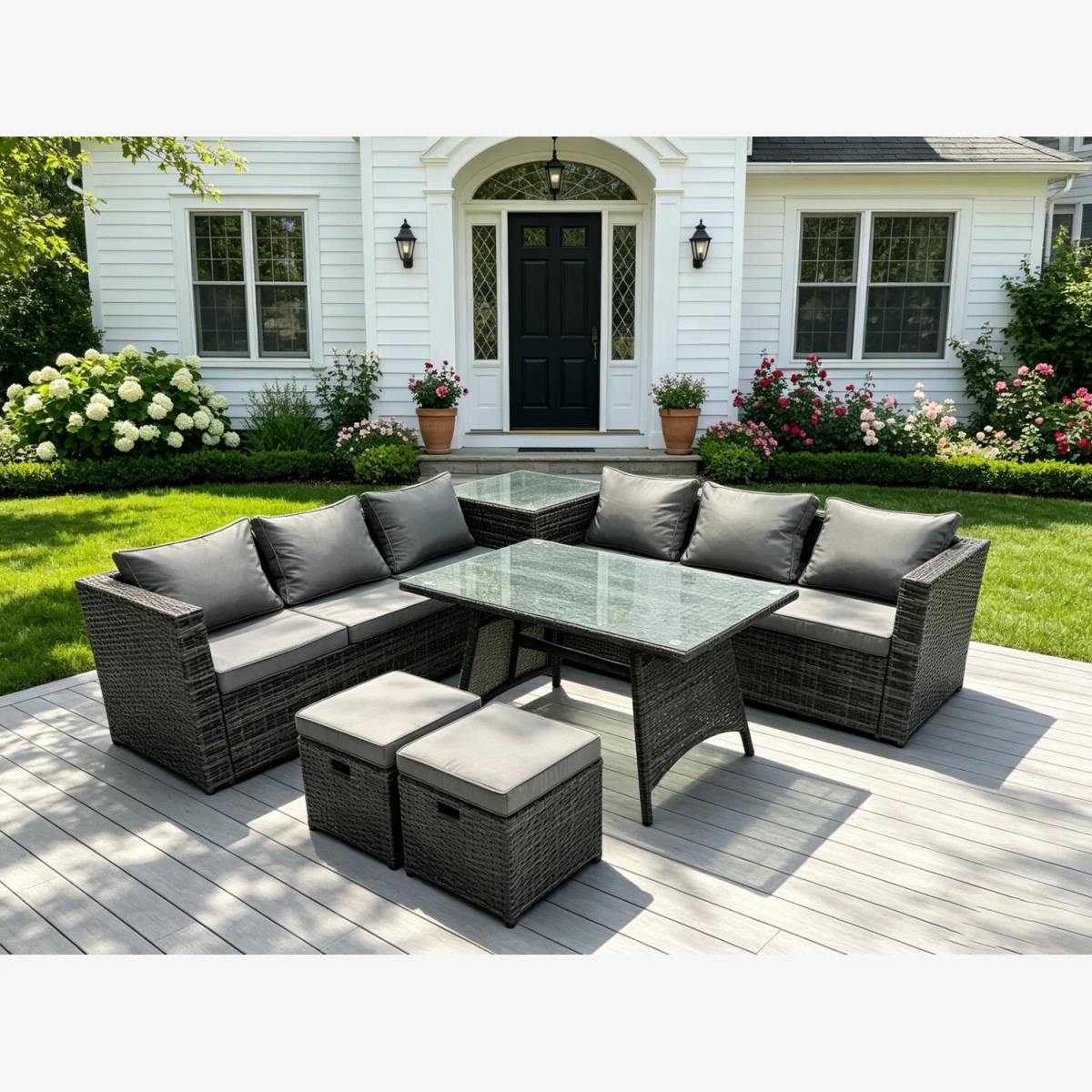 Outdoor Rattan Corner Sofa Set Dining Table + 2 Footstools - Dark Grey Mixed