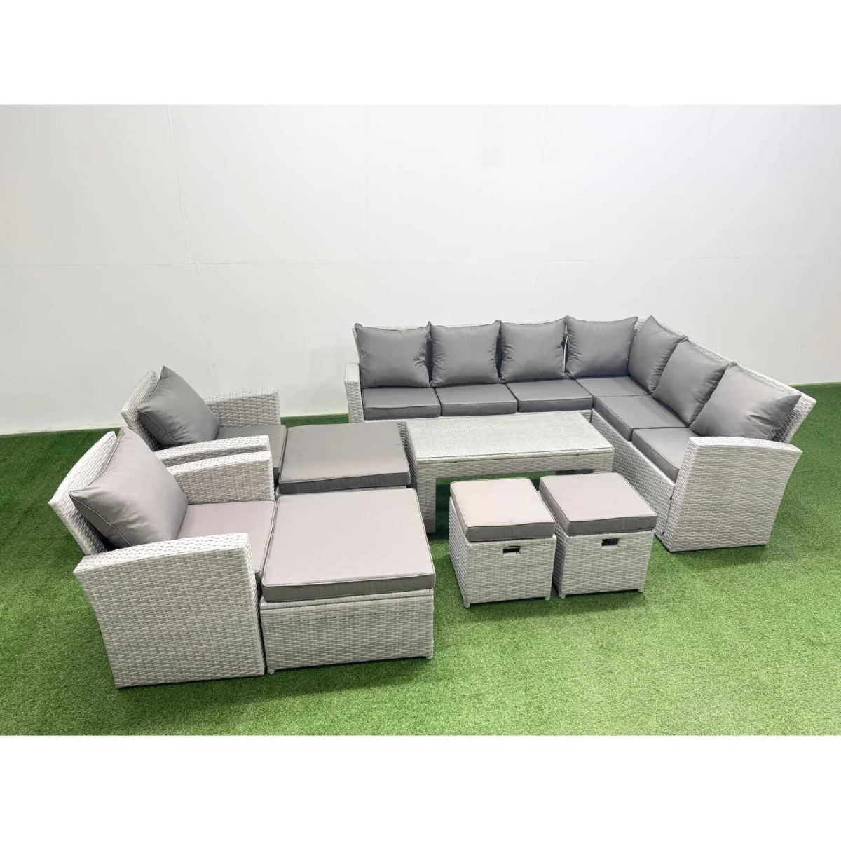 Fimous 9-Piece Rattan Garden Set with Coffee Table Light Grey - Light Grey Mixed rattan with dark grey fabric – image 5