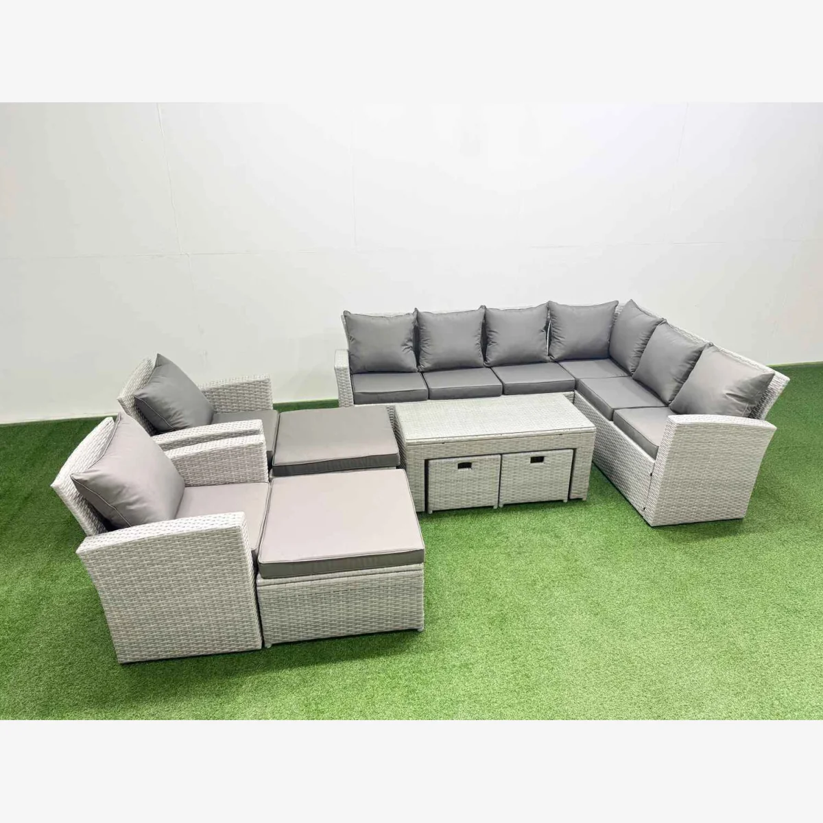 Fimous 9-Piece Rattan Garden Set with Coffee Table Light Grey - Light Grey Mixed rattan with dark grey fabric – image 1