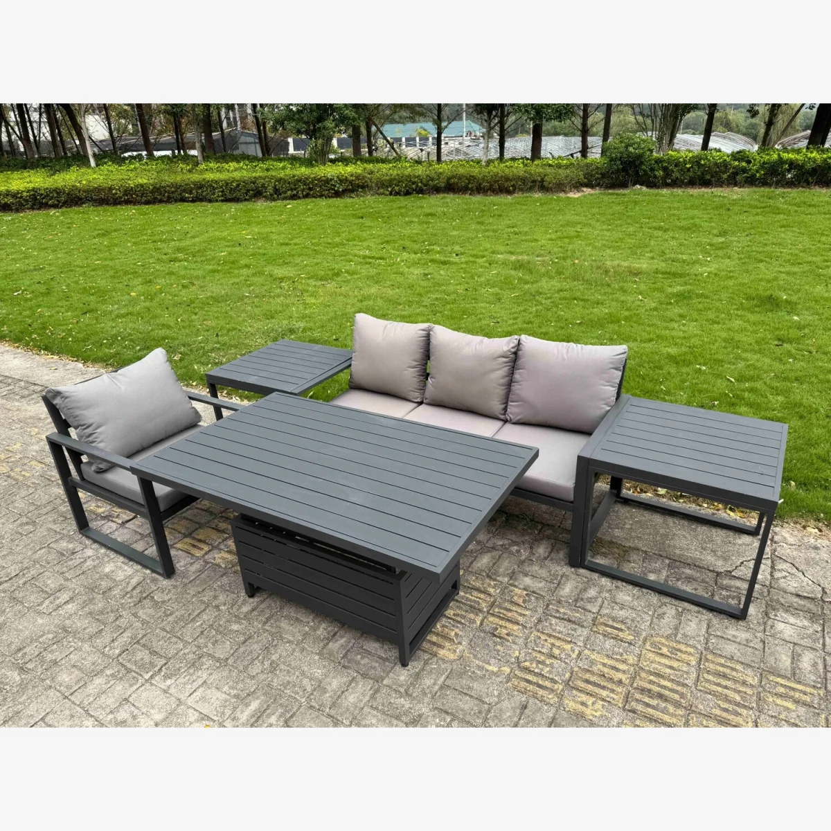Aluminium Garden Furniture Set 5 Pcs Lounge Seating Adjustable Table Set Cushions 2 Side Tables