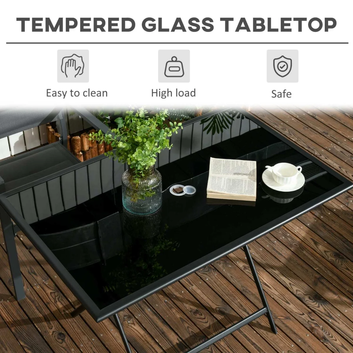 Nonila 110cm Black Steel and Glass Folding Outdoor Dining Table for 6 – image 6