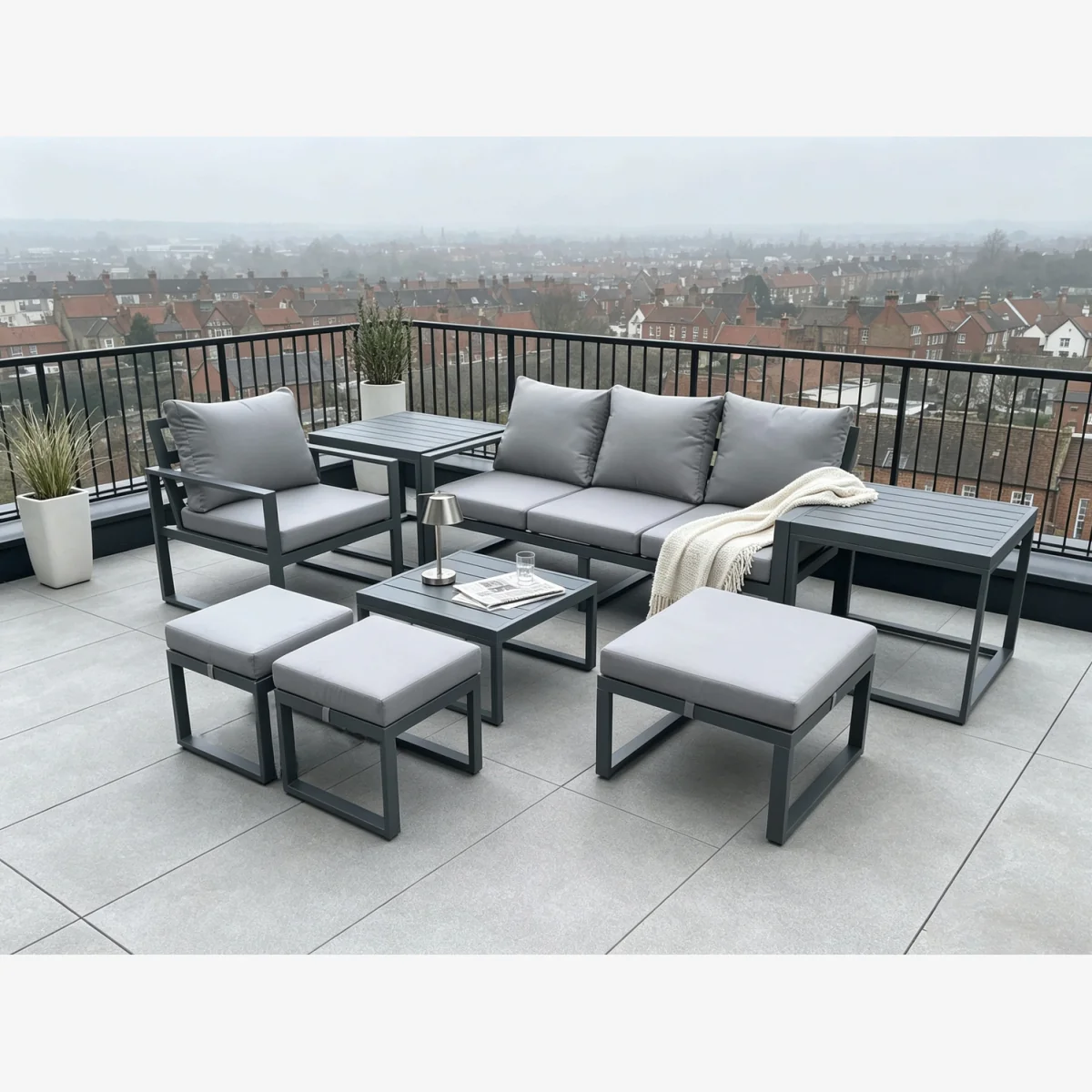 Aluminium Garden Furniture Set Lounge Sofa Chair Square Coffee Table Sets 2 Side Tables 3 Stools - Dark grey