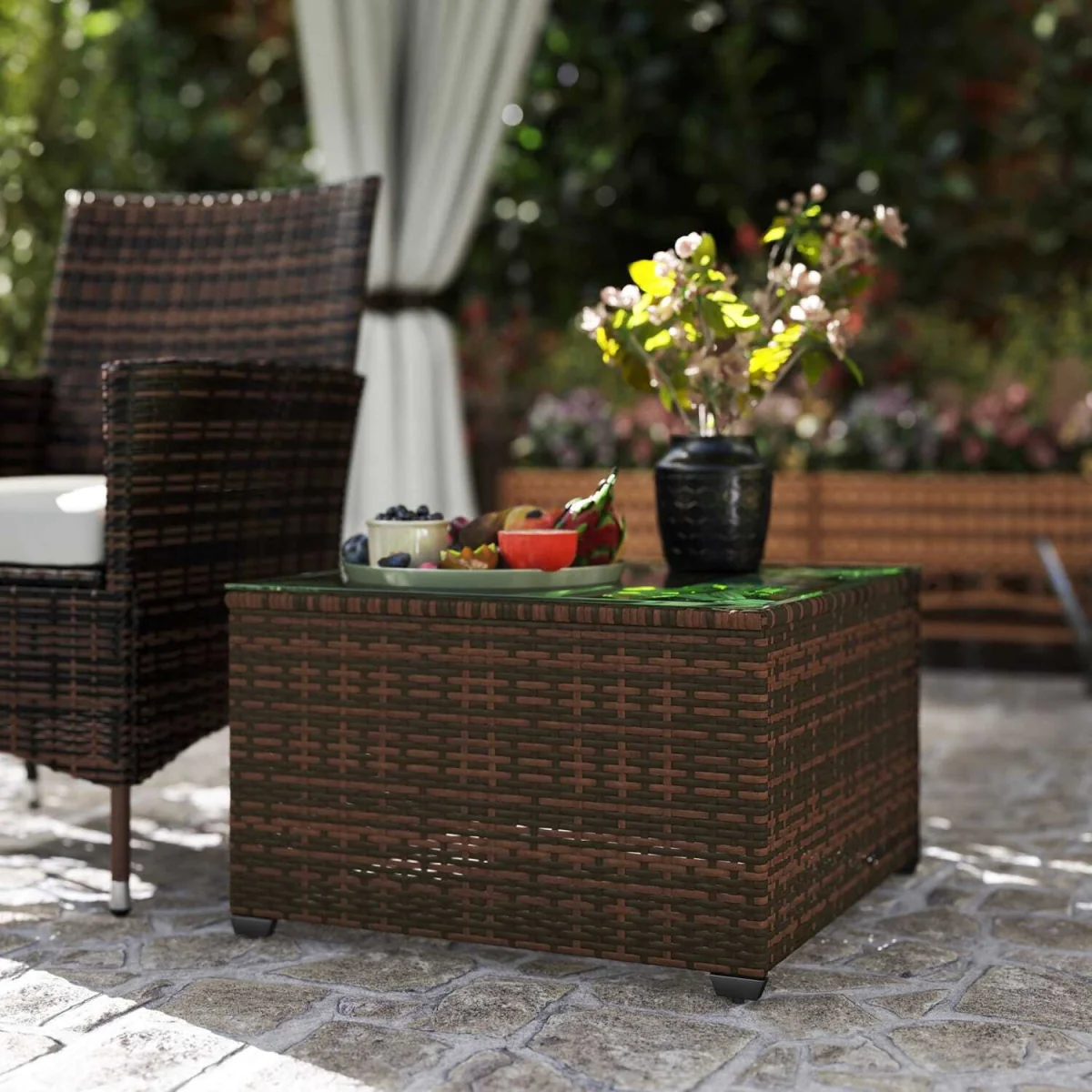Nolone Brown Rattan Outdoor Glass Top Side Table – image 2