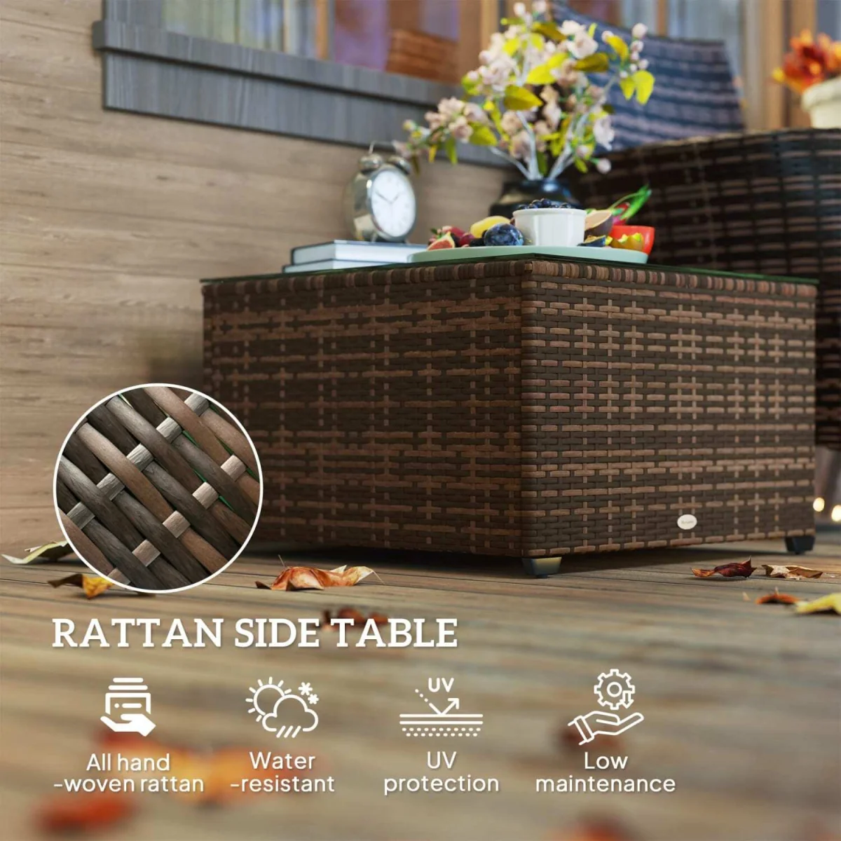 Nolone Brown Rattan Outdoor Glass Top Side Table – image 6