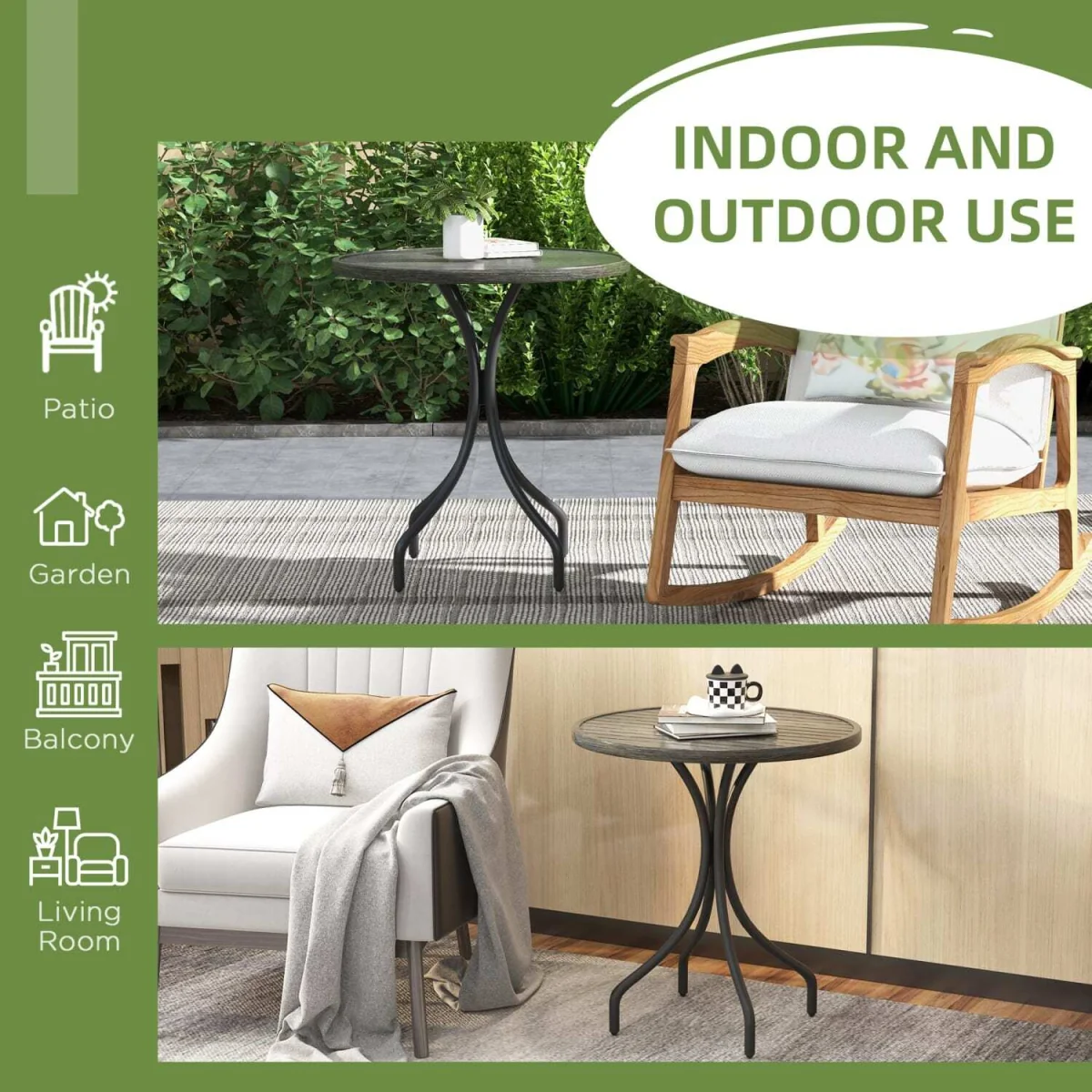 Nari 66cm Round Galvanised Steel Garden Table, Grey Wood-Grain Slatted Top – image 2