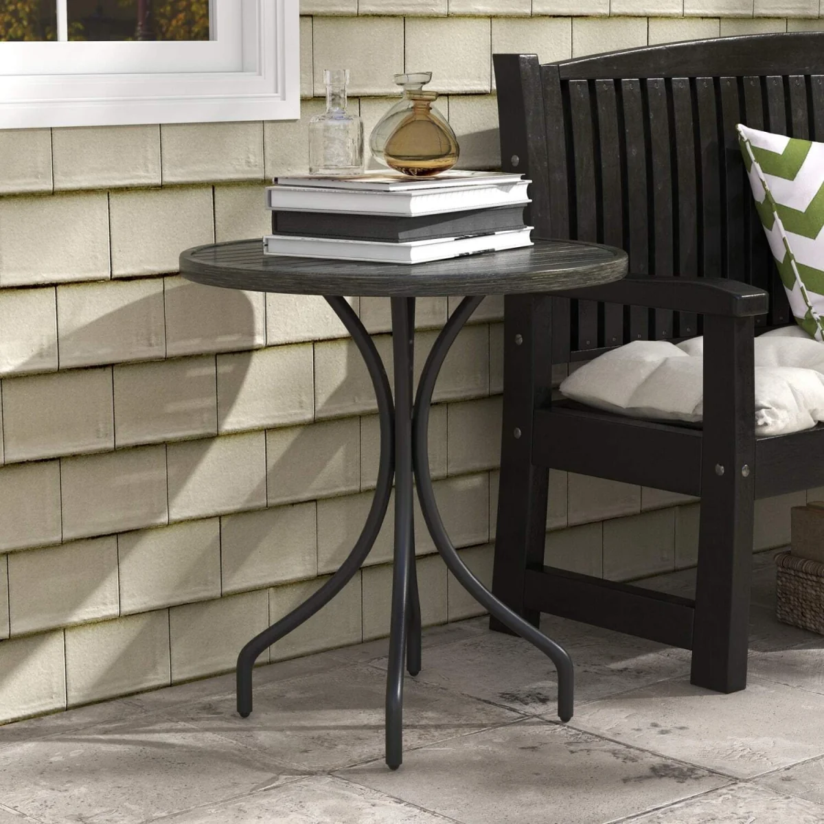 Nari 66cm Round Galvanised Steel Garden Table, Grey Wood-Grain Slatted Top – image 4