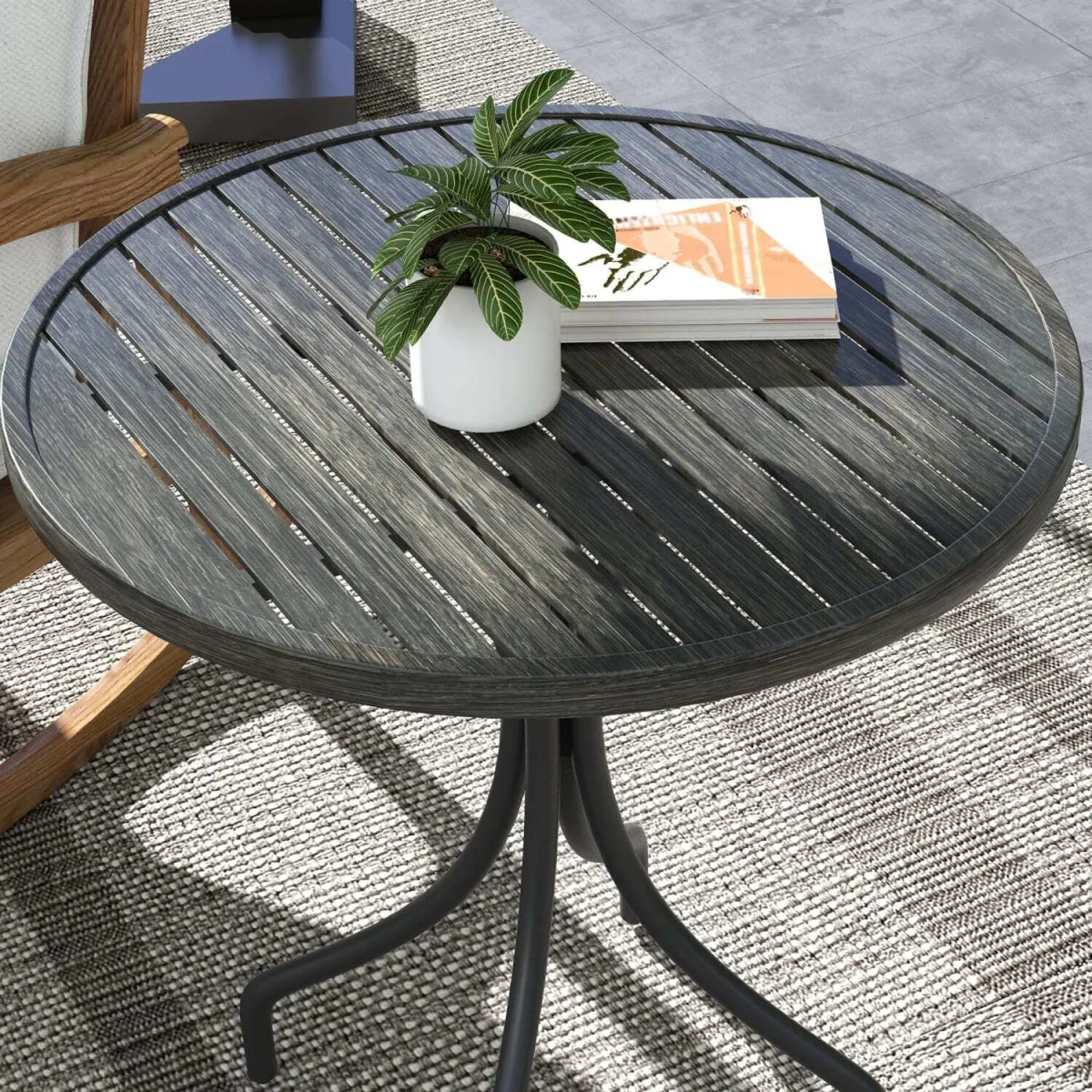 Nari 66cm Round Galvanised Steel Garden Table, Grey Wood-Grain Slatted Top – image 7