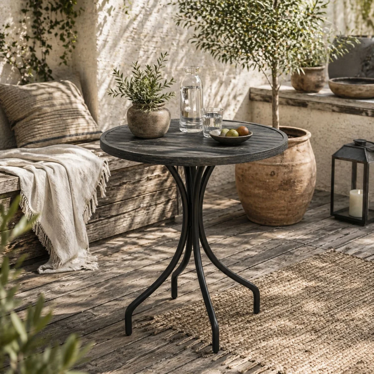 Nari 66cm Round Galvanised Steel Garden Table, Grey Wood-Grain Slatted Top – image 1