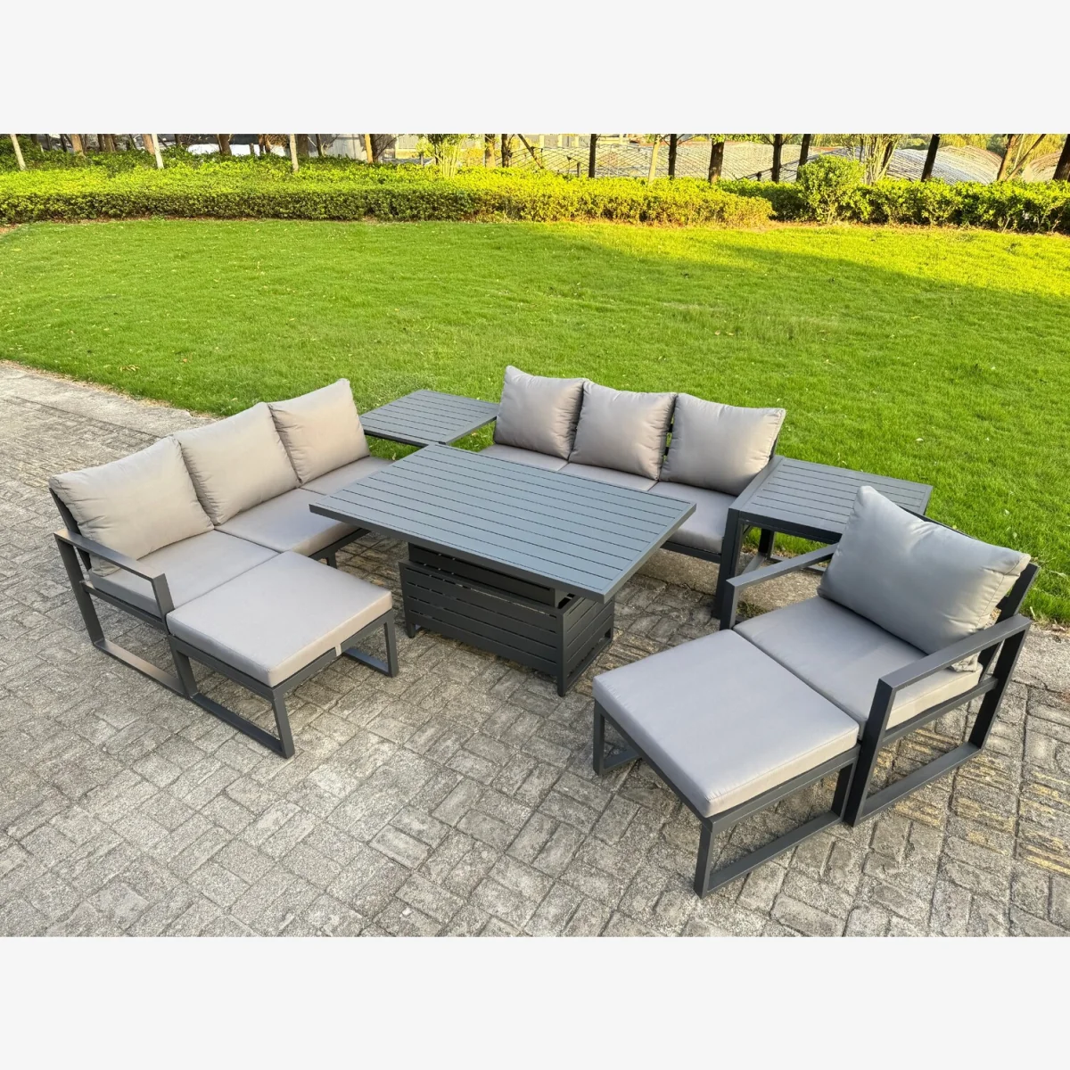 Garden Aluminium Furniture Set 9 Seater Outdoor Patio Rising Table 2 Big Footstools 2 Side Tables