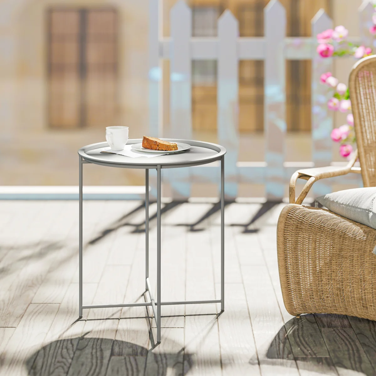 Outsunny 46cm Round Garden Table Side Table with Removable Tray - White – image 8