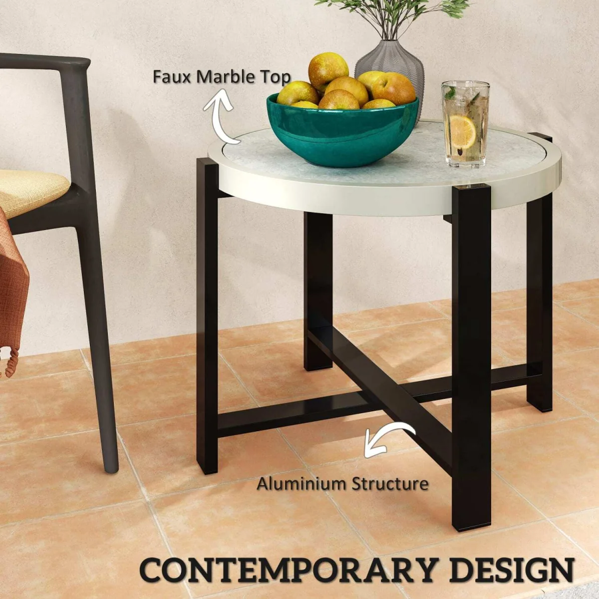 Linado Aluminium Light Grey Round Outdoor Side Table with Marble-Effect Glass Top – image 4