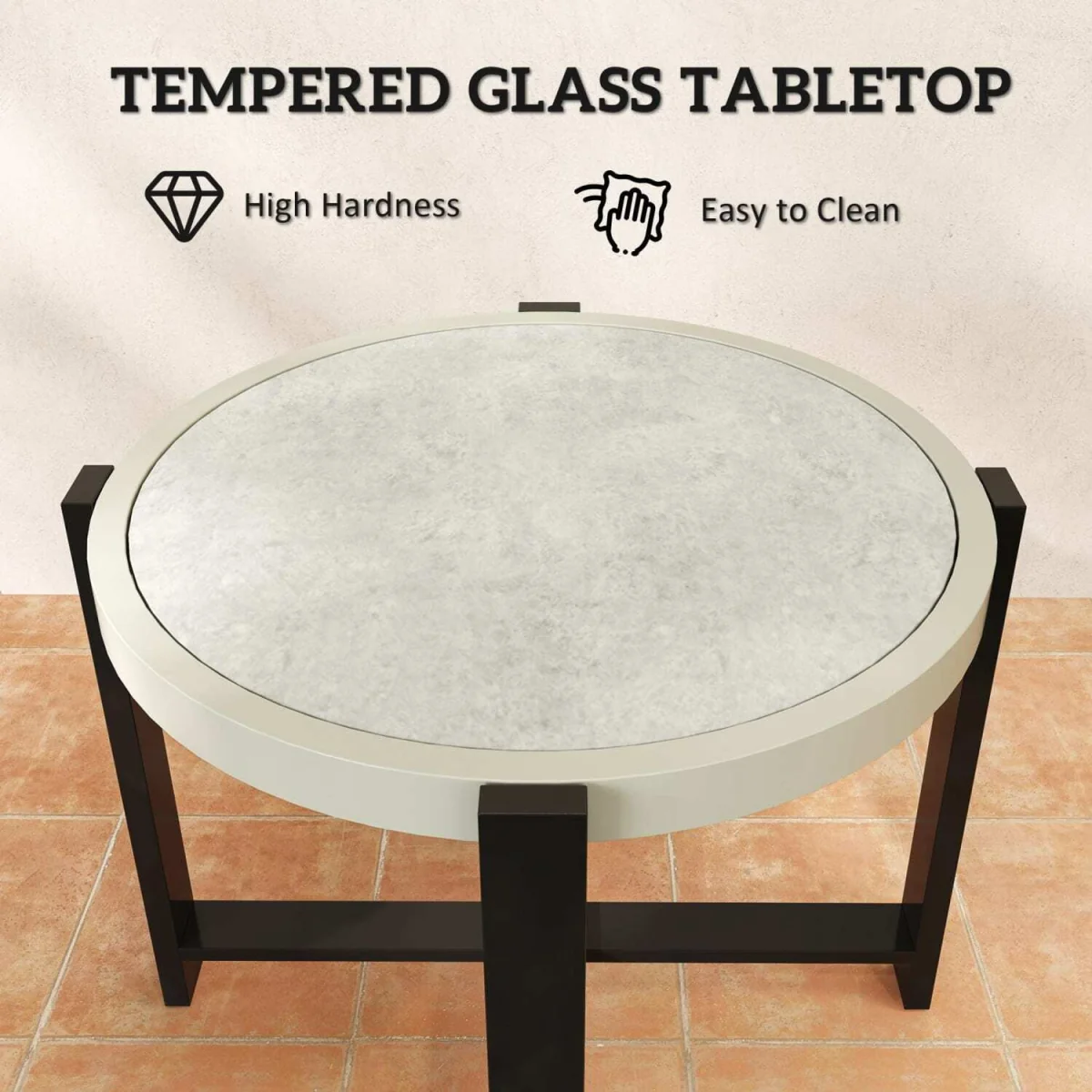 Linado Aluminium Light Grey Round Outdoor Side Table with Marble-Effect Glass Top – image 5
