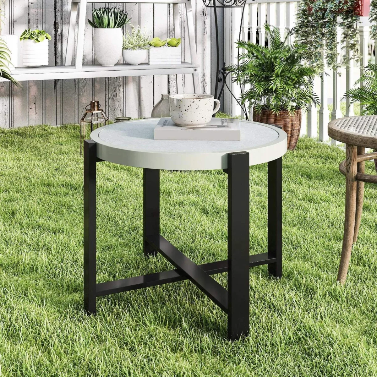 Linado Aluminium Light Grey Round Outdoor Side Table with Marble-Effect Glass Top – image 7