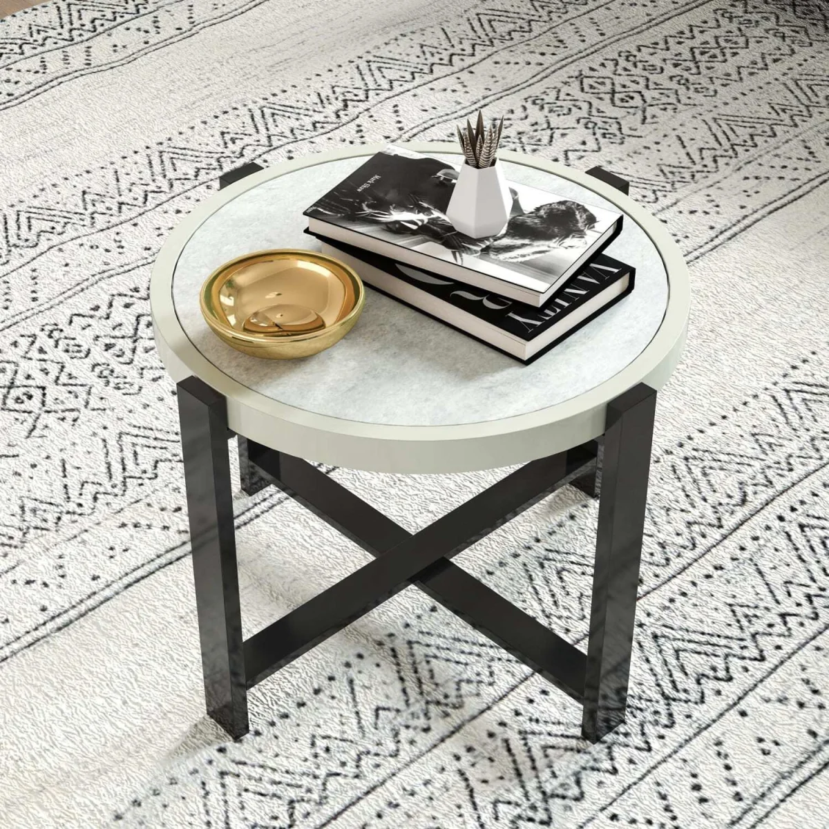 Linado Aluminium Light Grey Round Outdoor Side Table with Marble-Effect Glass Top – image 8