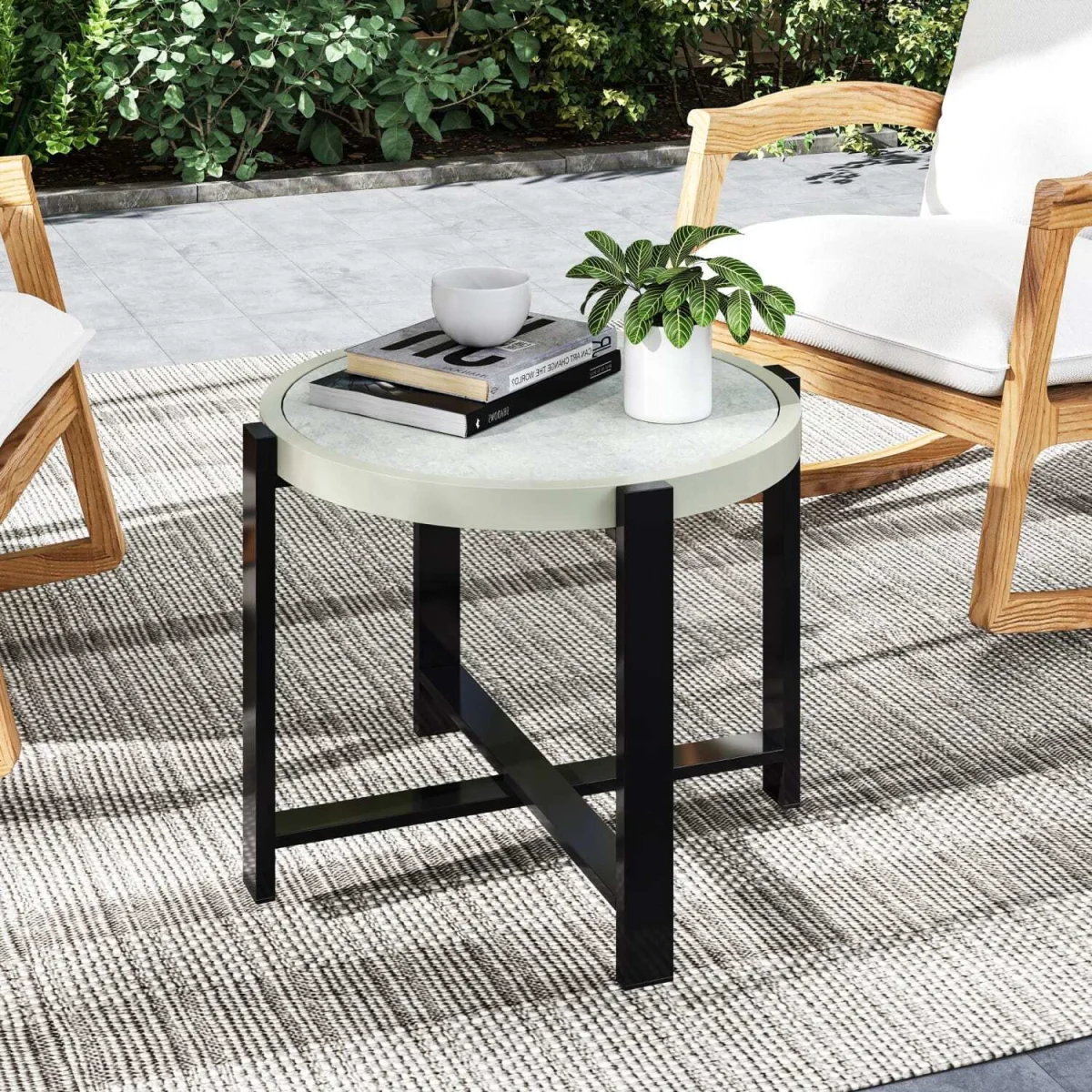 Linado Aluminium Light Grey Round Outdoor Side Table with Marble-Effect Glass Top – image 9