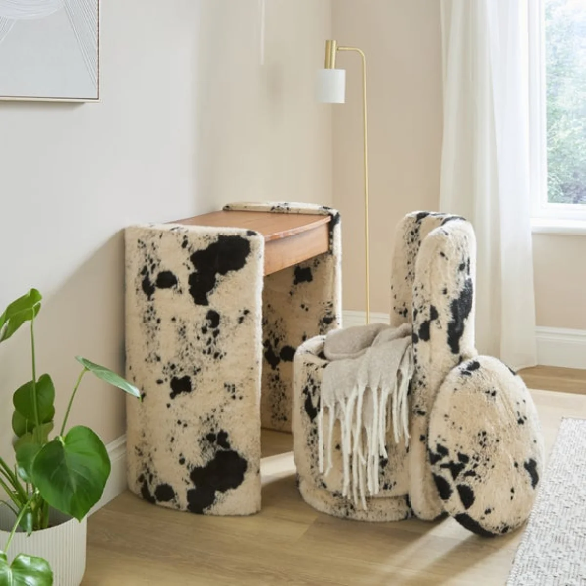 Frankie Cow Print Compact Dressing Table Set with Mirror and Stool – image 2