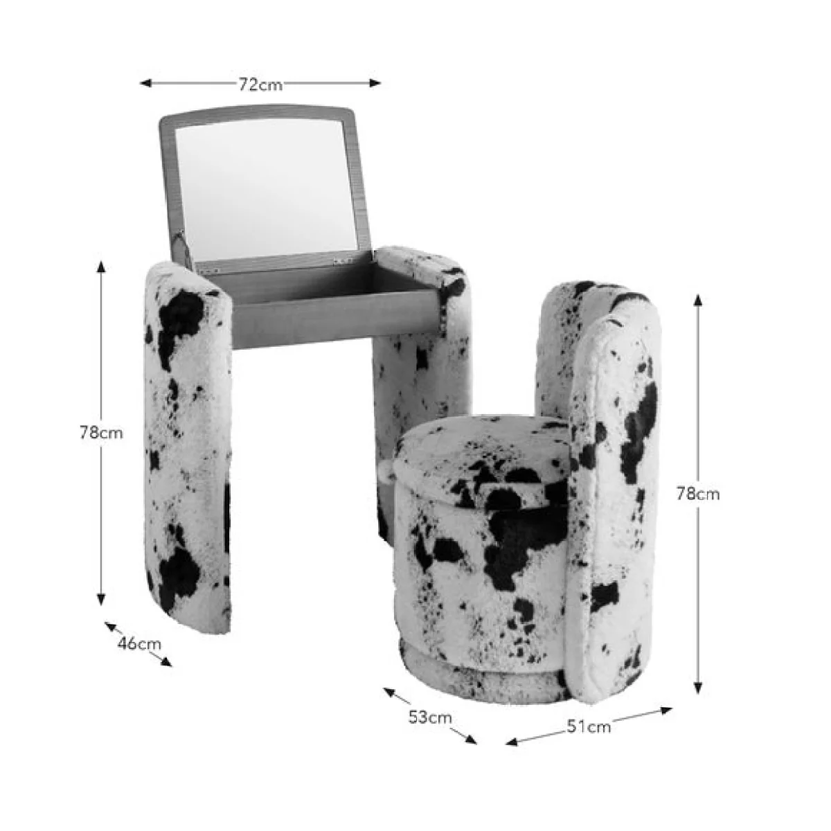 Frankie Cow Print Compact Dressing Table Set with Mirror and Stool – image 7