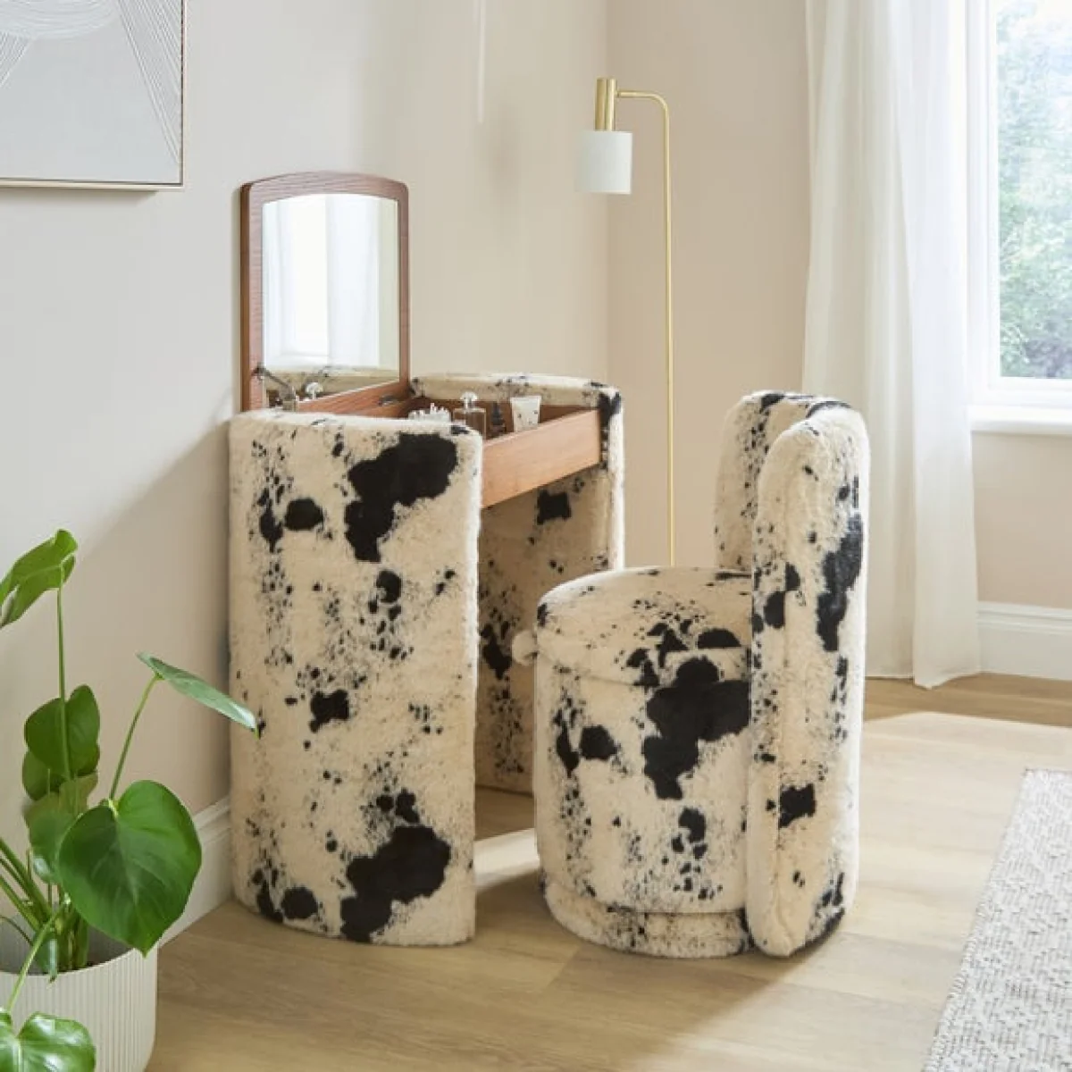 Frankie Cow Print Compact Dressing Table Set with Mirror and Stool – image 1