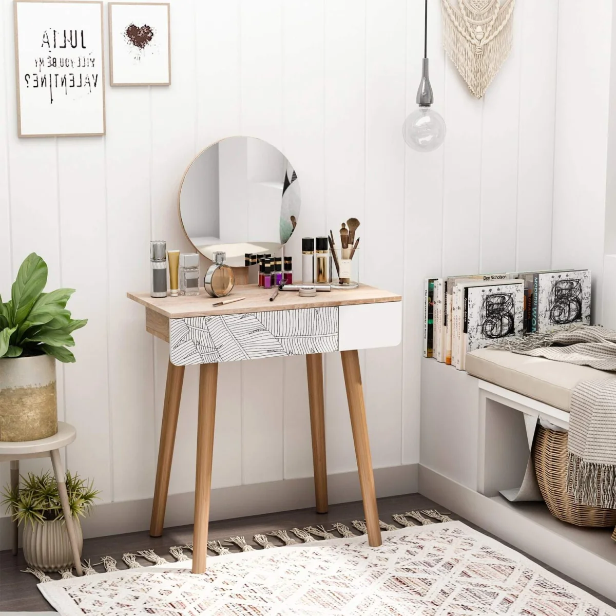 Zino Oak Wood Botanical Pattern Dressing Table with Adjustable Mirror and Drawer Storage for Bedroom – image 4