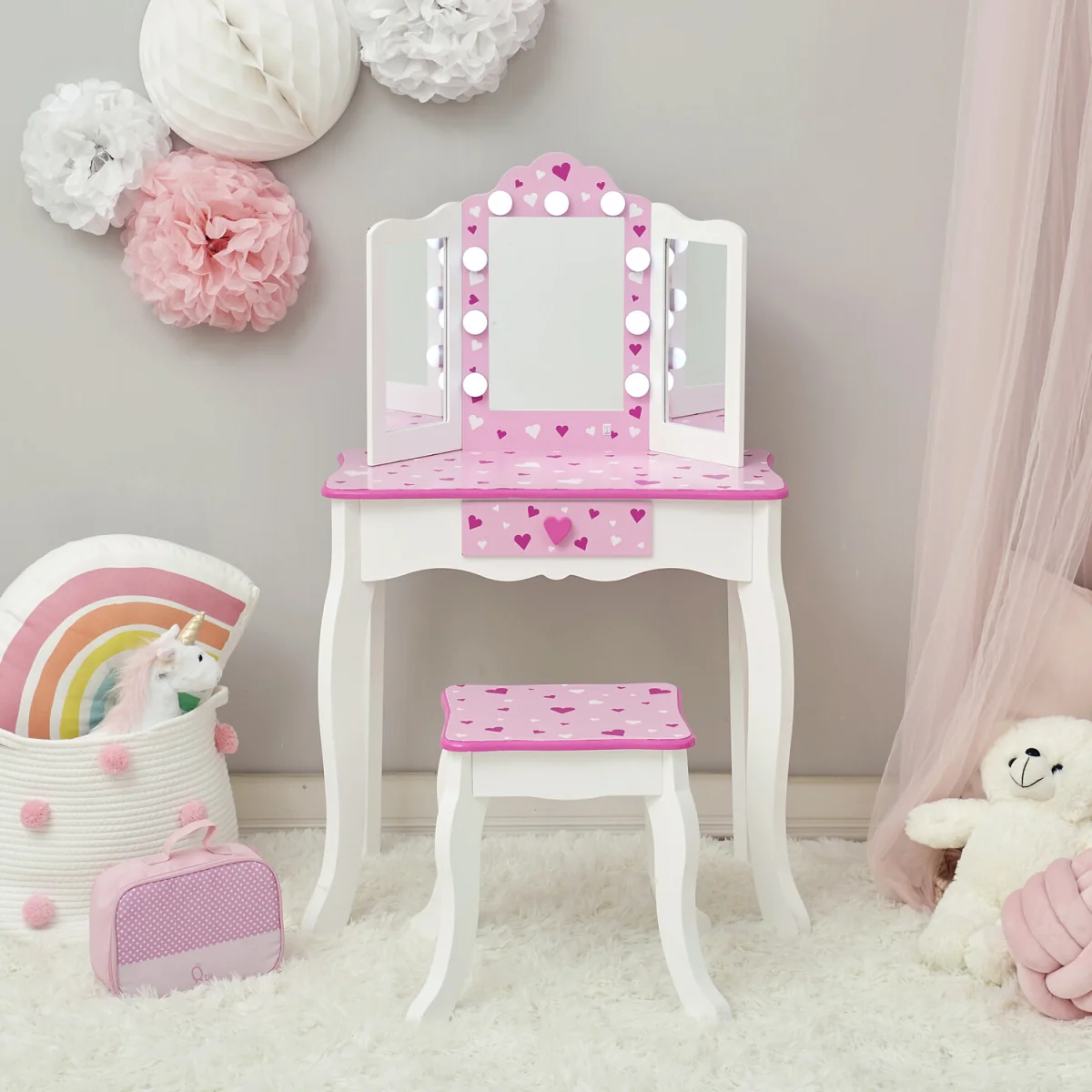 Kids Dressing Table Vanity & Stool with Tri-Fold LED Mirror - White – image 3
