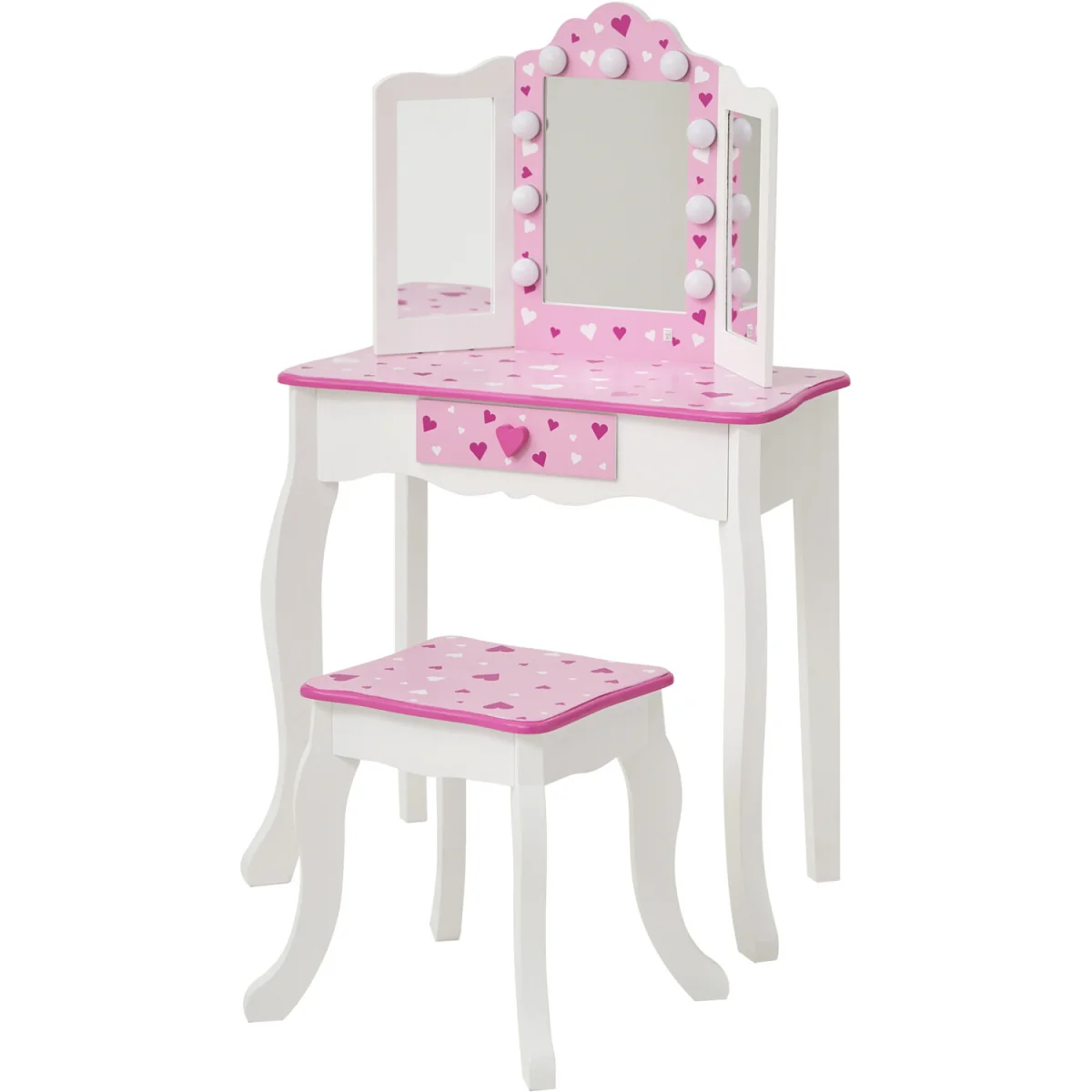 Kids Dressing Table Vanity & Stool with Tri-Fold LED Mirror - White – image 5