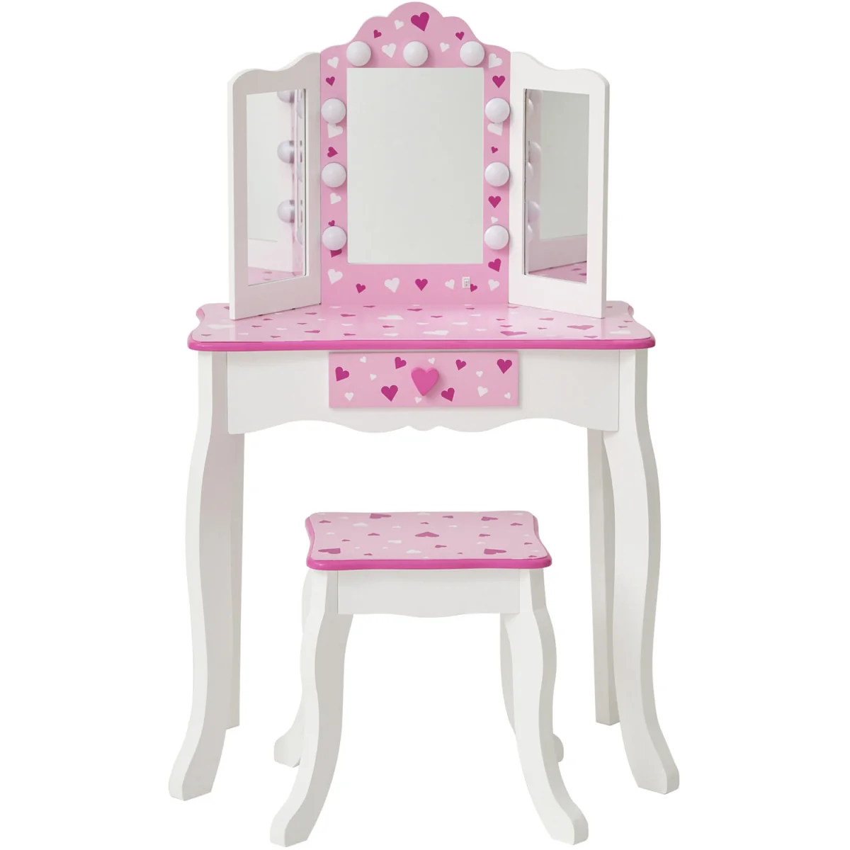 Kids Dressing Table Vanity & Stool with Tri-Fold LED Mirror - White – image 6
